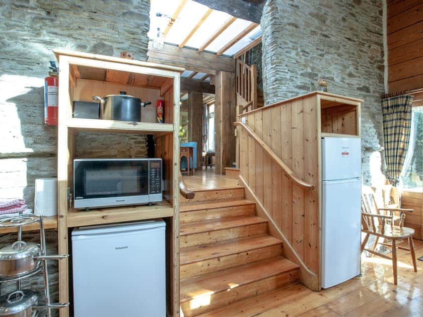 Stairs down to kitchen/diner | Edgecombe Barn - Tuckenhay Mill, Bow Creek, between Dartmouth and Totnes