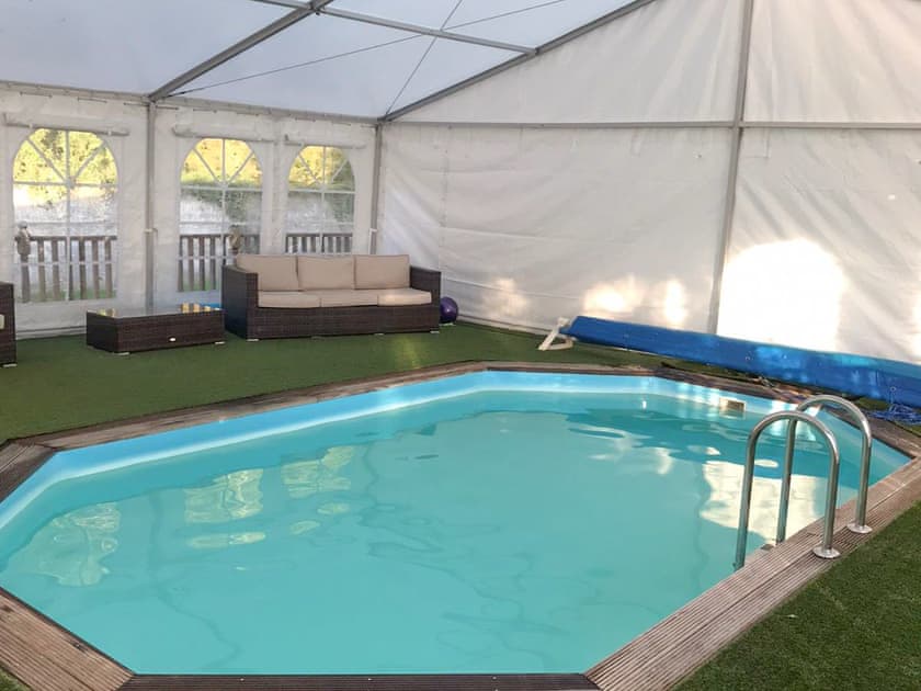 Shared swimming pool | The Tranquil Orchard - Woodpecker Lodge - The Tranquil Orchard , Brocklehirst, near Dumfries