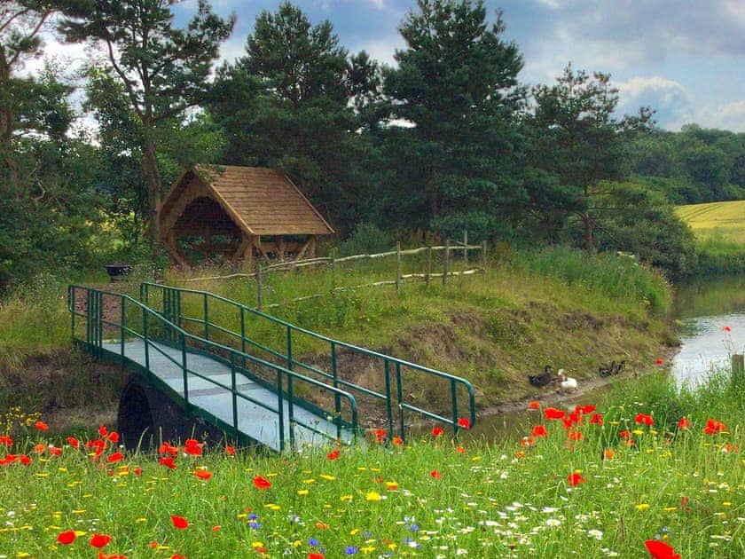 Pond with bridge leading to island with a rustic gazeebo and firepit | Miners Meadow, Wheatley Hill, Durham