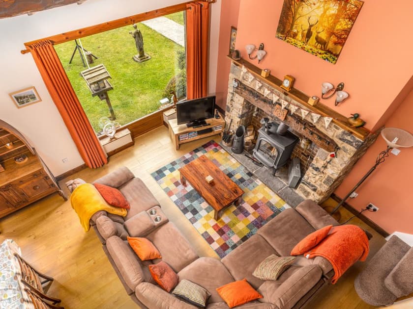 View of the living area from the gallery | Oak Cottage, Buckden, near Hawes