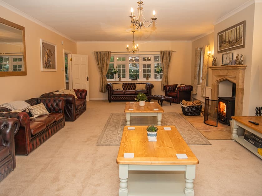 Large and cosy living room, with woodburner and Chesterfield seating for 14 guests | Crickledown, High Ham, Langport