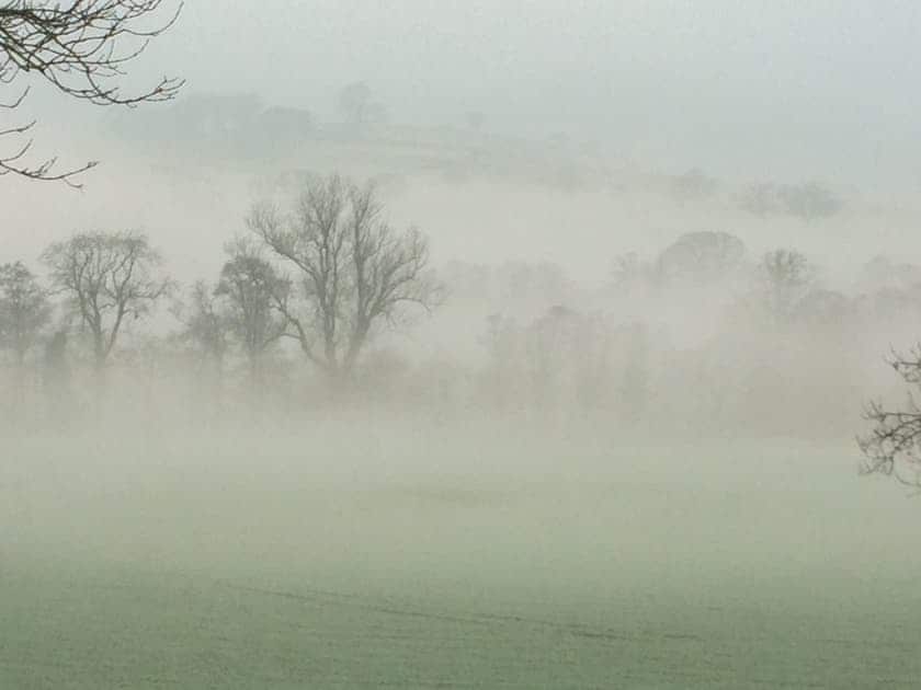 Misty morning view from the property | Pentre Cwm Bach, Llansilin, near Oswestry