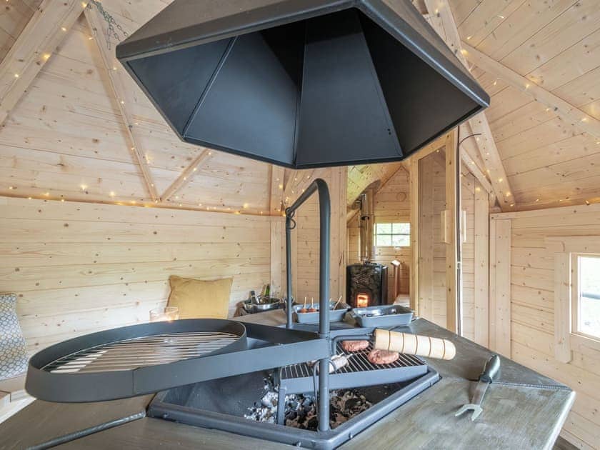 Nordic outbuilding with built in BBQ and Sauna | Treetops Log Cabin, Kippford, near Sandyhills