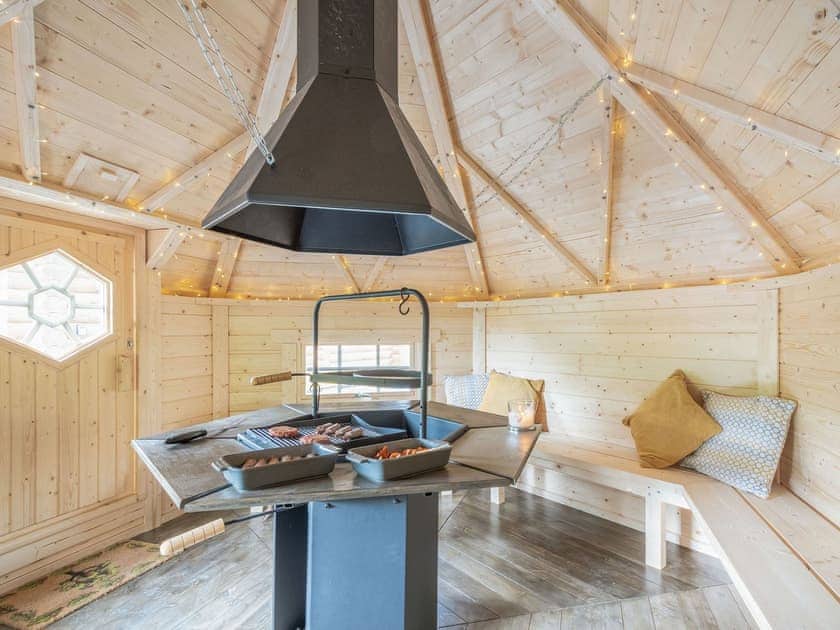 Nordic outbuilding with built in BBQ and Sauna | Treetops Log Cabin, Kippford, near Sandyhills