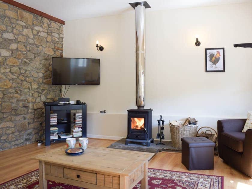 Delightful living area with exposed stone feature wall | Dairy Cottage - Carmarthen Cottages, Cwmdu, Near Llandeilo