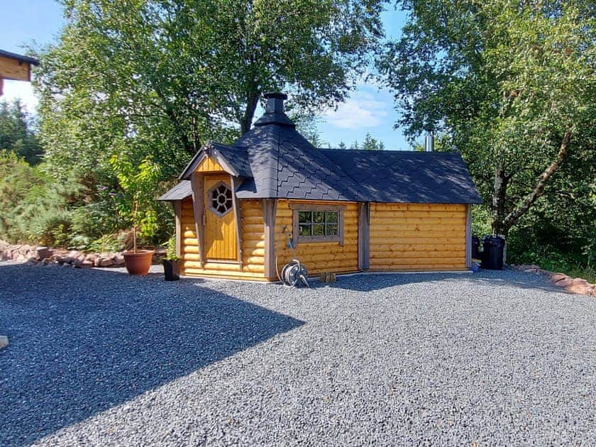 Nordic outbuilding with built in BBQ and Sauna | Treetops Log Cabin, Kippford, near Sandyhills
