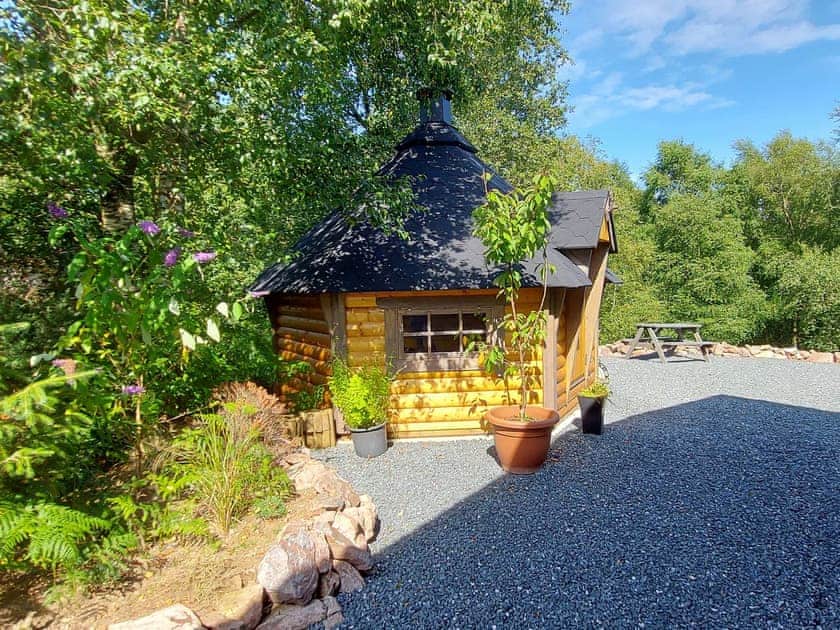 Nordic outbuilding with built in BBQ and Sauna | Treetops Log Cabin, Kippford, near Sandyhills