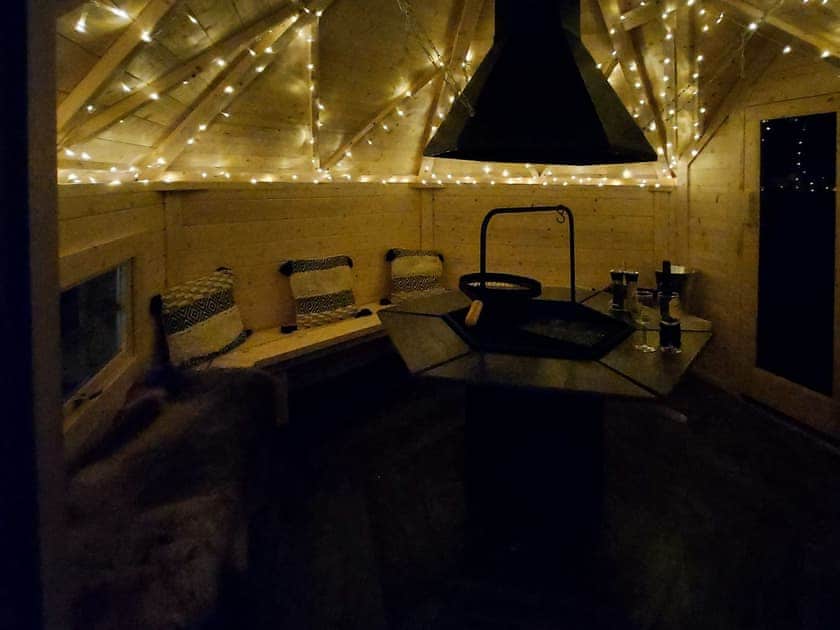 Nordic outbuilding with built in BBQ and Sauna | Treetops Log Cabin, Kippford, near Sandyhills