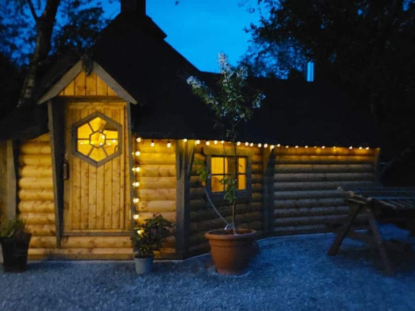 Nordic outbuilding with built in BBQ and Sauna | Treetops Log Cabin, Kippford, near Sandyhills