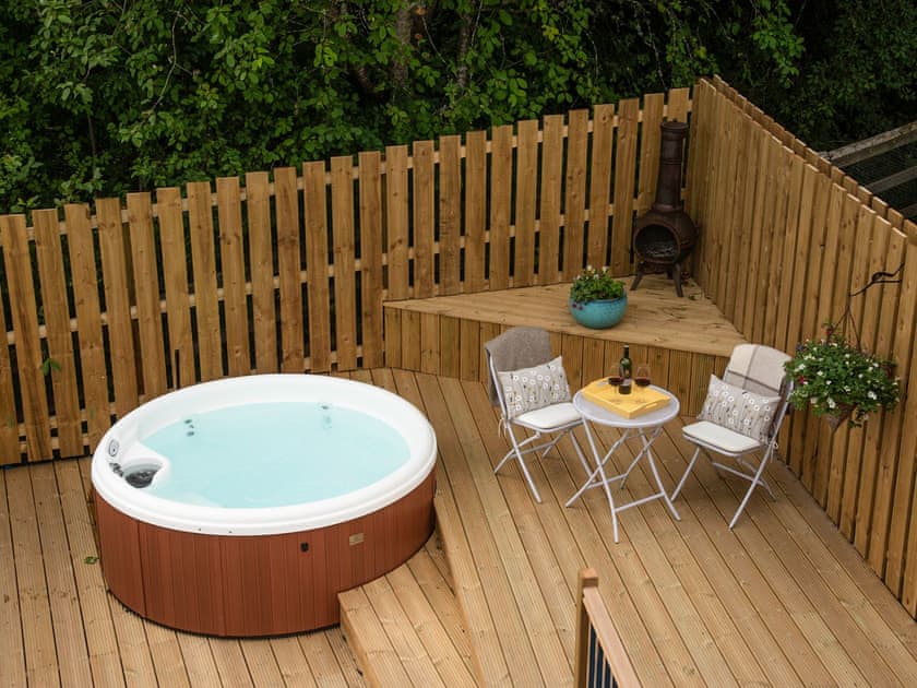 Lower deck with hot tub | Tanar View, Glen Tanar, near Aboyne