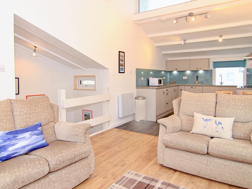 Living Room - Kitchen Area looking at the Kitchen Area (1st Floor)  | The Moorings Apartment, Porthmadog