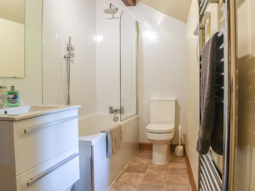 Family bathroom with shower over bath | Ladycroft Cottage, Hebden, near Skipton