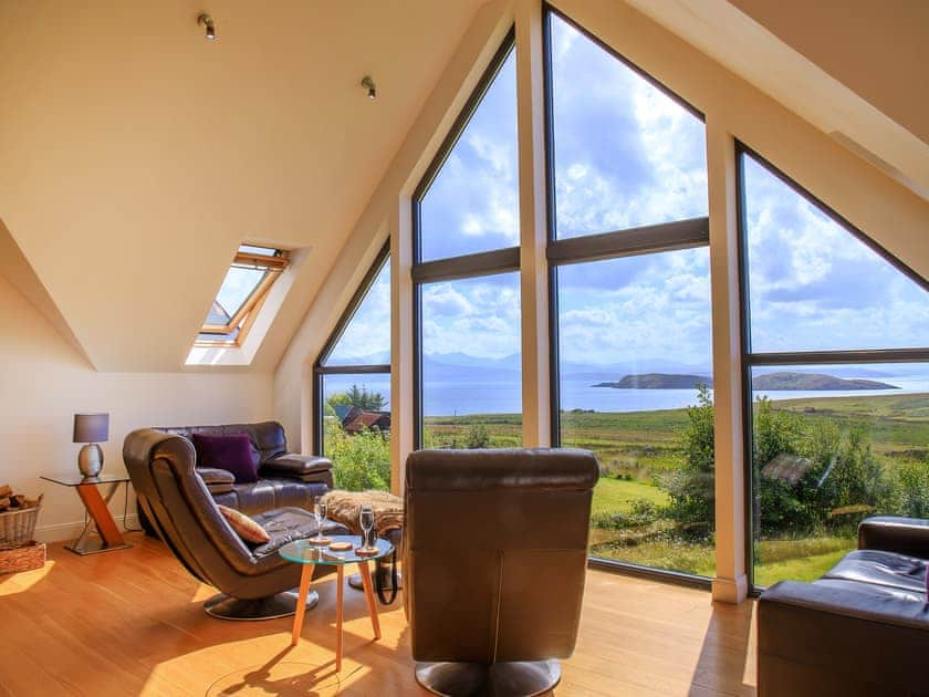 Amazing seascape view from the floor to ceiling windows in the living room | Locholly Lodge, Achiltibuie near Ullapool