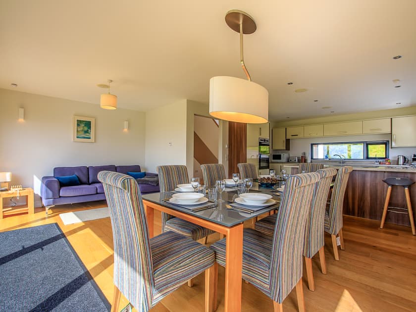 Large kitchen diner with wonderful views through the French windows | Locholly Lodge, Achiltibuie near Ullapool