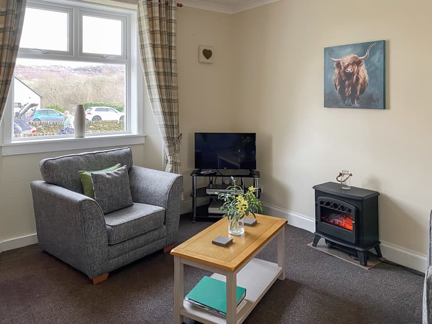 Comfortable and relaxing lounge area with electric stove effect fire, giving a cosy feel to the cottage  | Kirnan Cottage, Kilmichael Glassary, near Lochgilphead