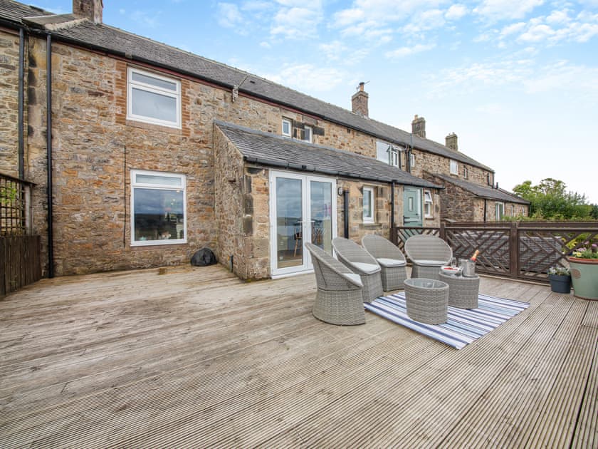 Decking area with seating and great views | Lake View Cottage, Yarrow Moor, near Bellingham
