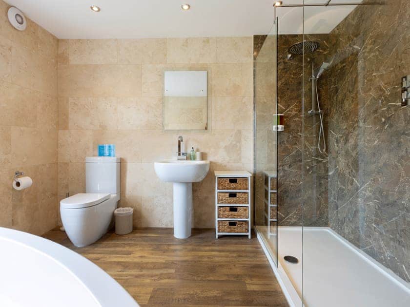 luxurious bathroom with free-standing bath | Thirley Cotes Farmhouse, Harwood Dale, near Scarborough
