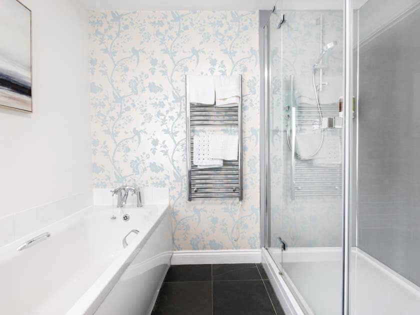 Family bathroom with bath and separate shower cubicle | Oak Cottage, Harwood Dale, near Scarborough