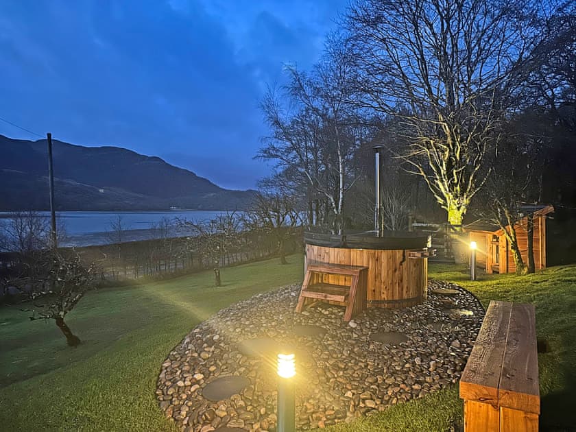 Wood-fired Scandi hot tub, evening view | Tigh-na-Creige, Colintraive
