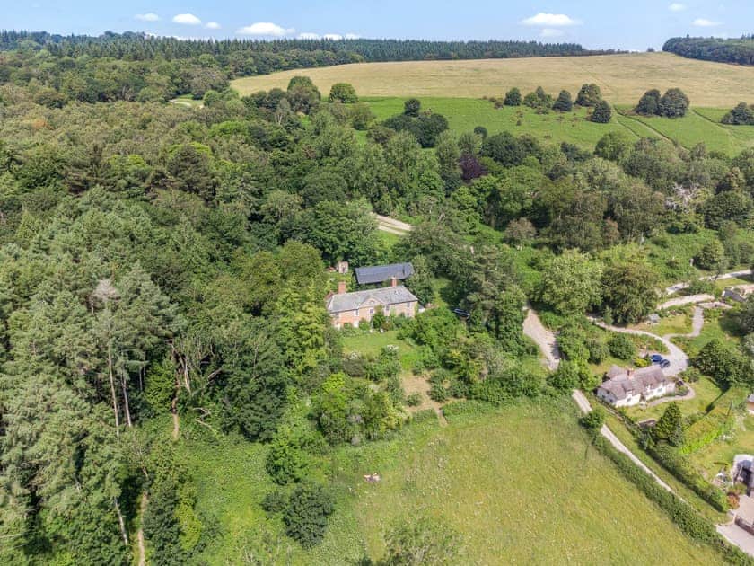 Drone shot showing the studio and Bircher Common and the woodlands of Croft Castle all owned by the National Trust, about 1,600 acres  | Croft Lodge Studio, Leominster