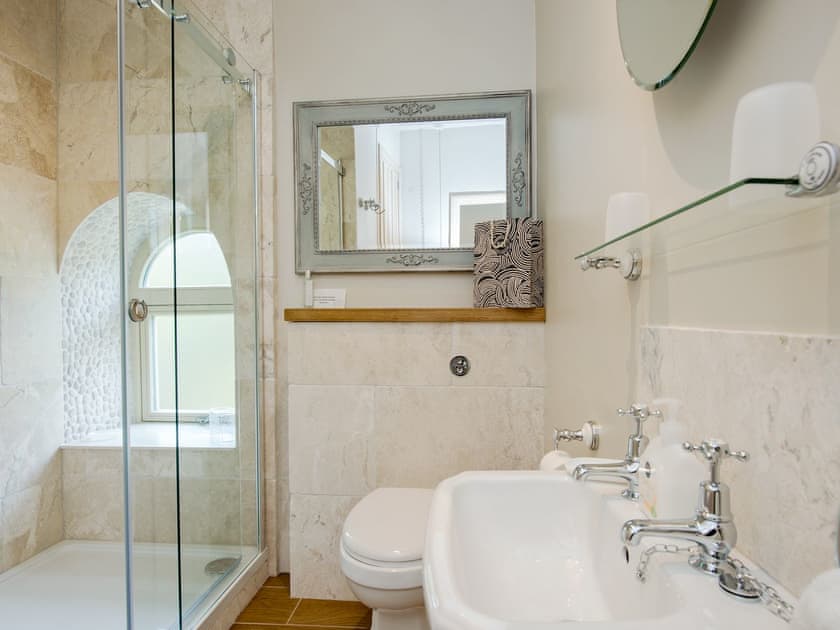 Shower room with double cubicle and toilet | Penny Cottage, Bonsall, near Matlock