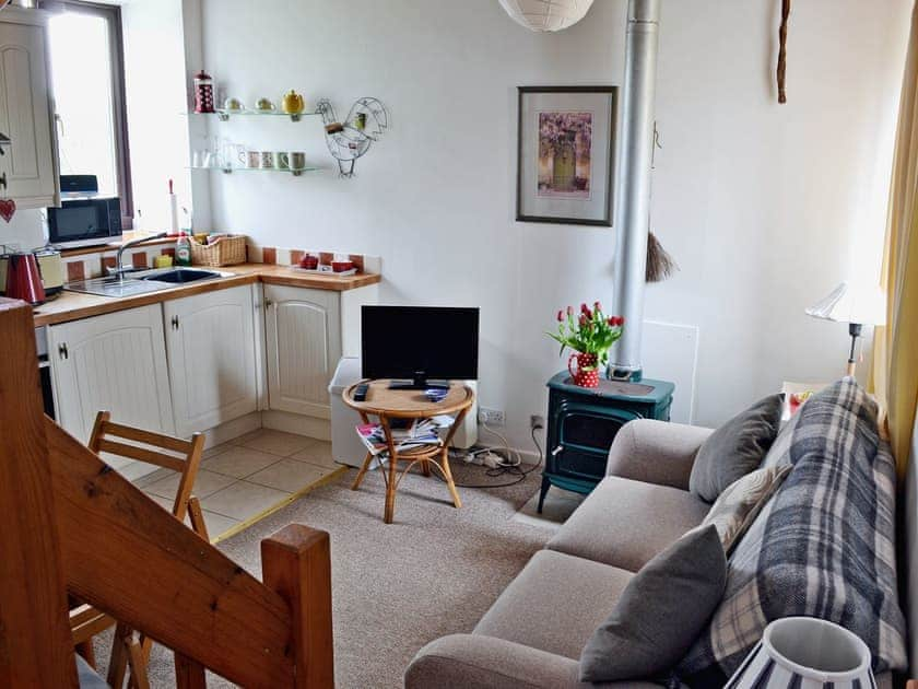 Open plan living space with gas wood burner | Honeysuckle Cottage, Nercwys near Mold