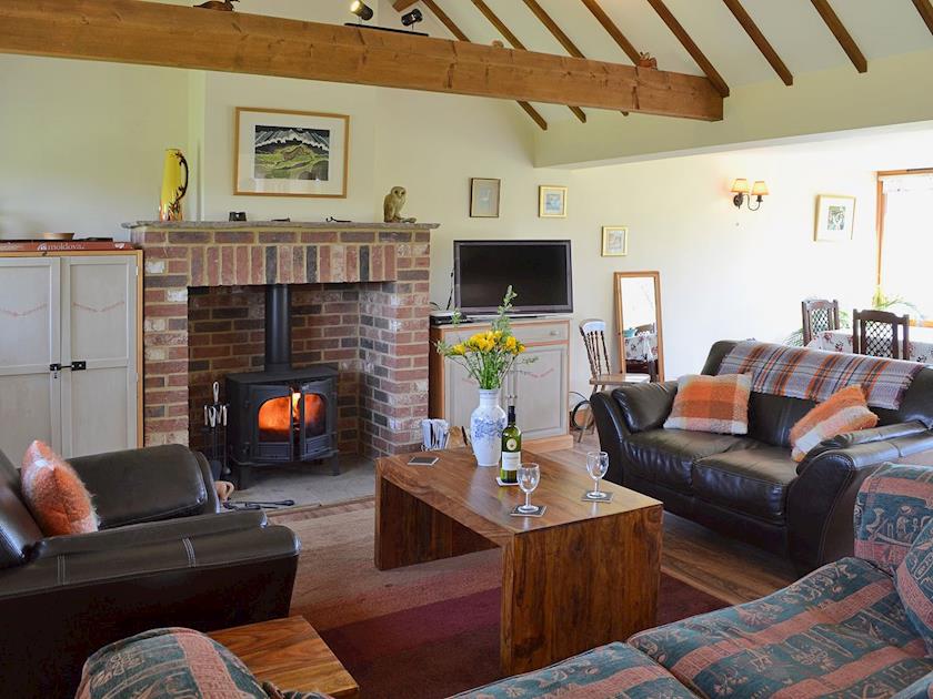 Comfortable living area with wood burner | Old Dairy Barn, Playden, near Rye