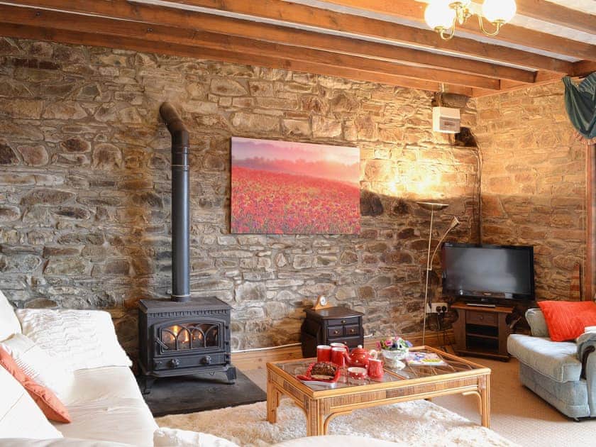 Living room with exposed stone walls | Ty Coch Cottage, Near Aberaeron