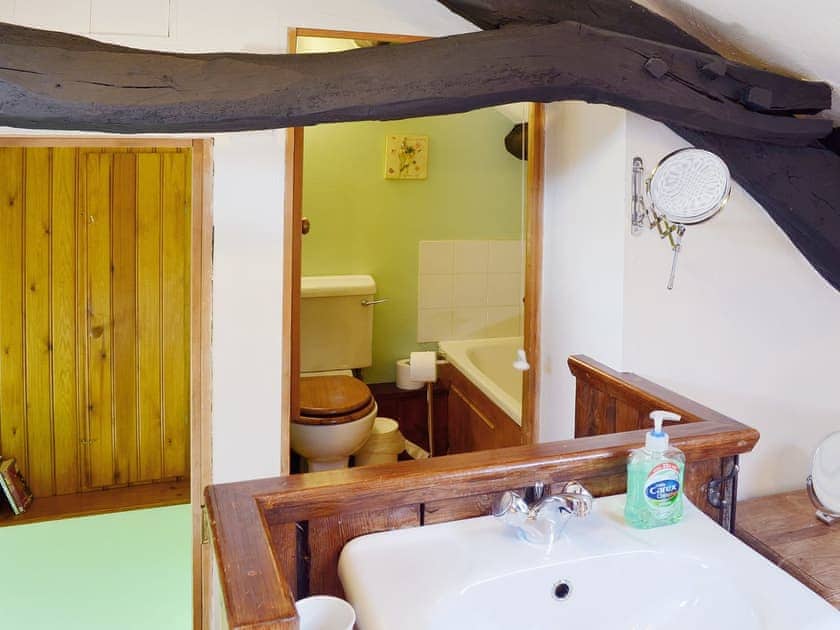 En-suite bathroom with shower over the bath | The Hayloft Barn - Tyddyn Iolyn, near Criccieth