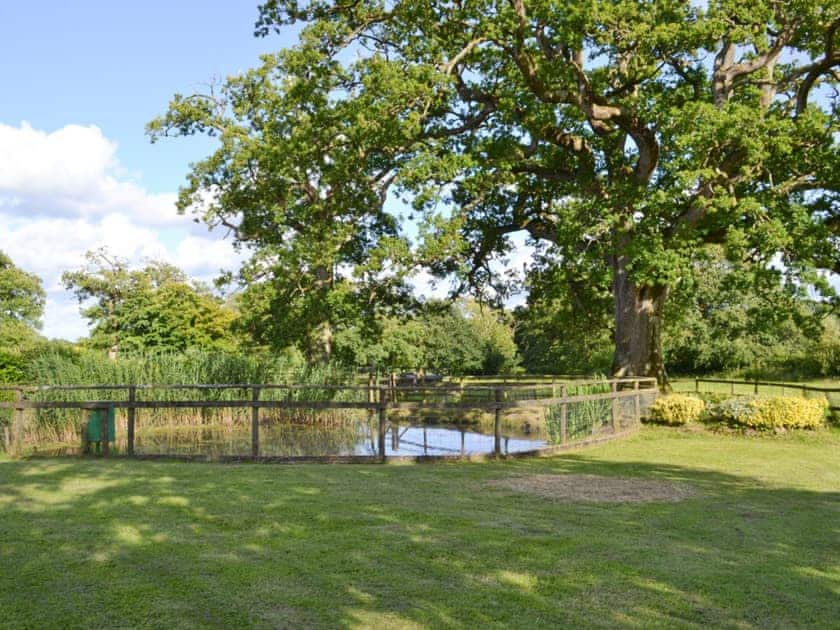 Lawned area with ‘fenced’ pond | Libbear Barton, Shebbear, near Bude