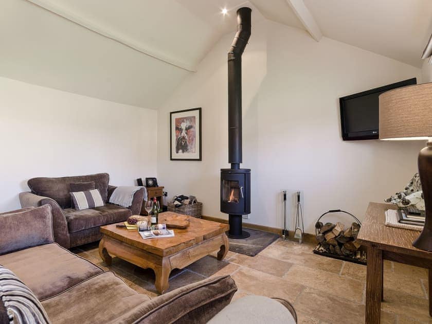 Open plan living space lounge area with wood burner | Barn Owl Lodge - Millfields Farm, near Carsington