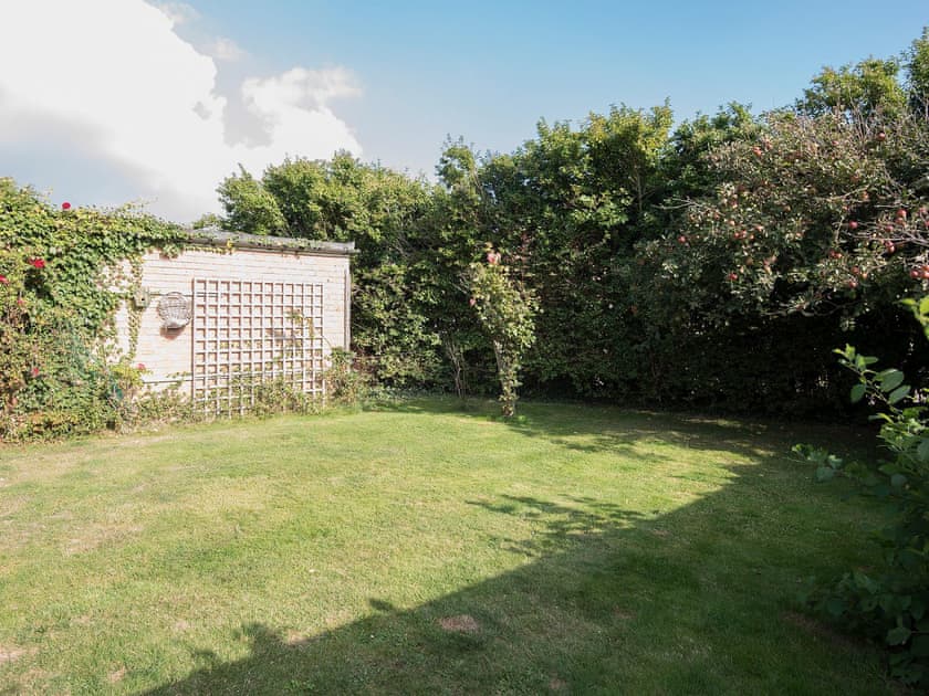 Modest lawned garden adjacent to the garage | The Swift, East Wittering
