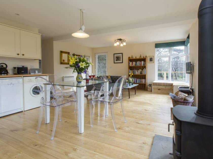 Wood burner in open-plan living space | The Retreat, Aldringham, near Aldeburgh