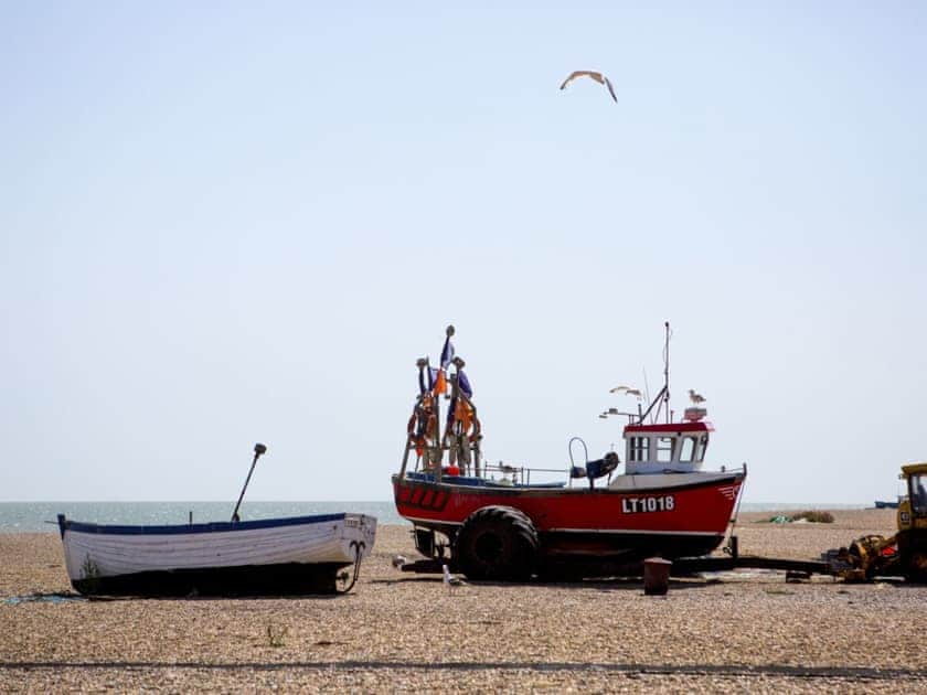 Traditional fishing boat on the nearby beach | Market Cross Place, Aldeburgh