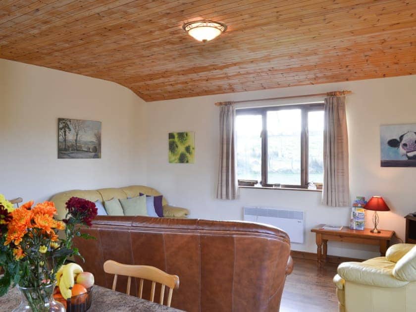 Living area with wood-clad ceiling | Ithon Bank - Bryn Thomas Lodges, Near Llandrindod Wells