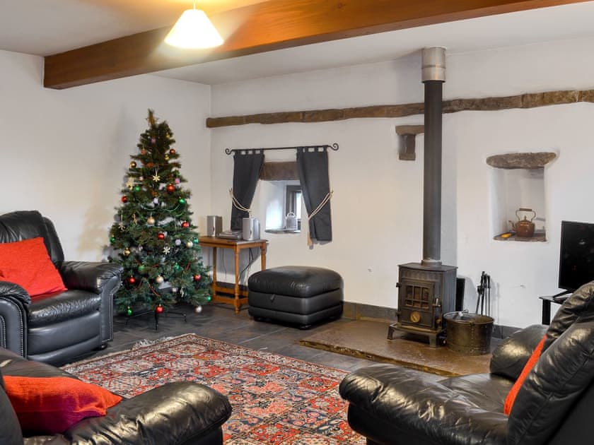 Cosy living area with wood burner at Christmas | The Old Goat House, Thornton Rust, near Leyburn