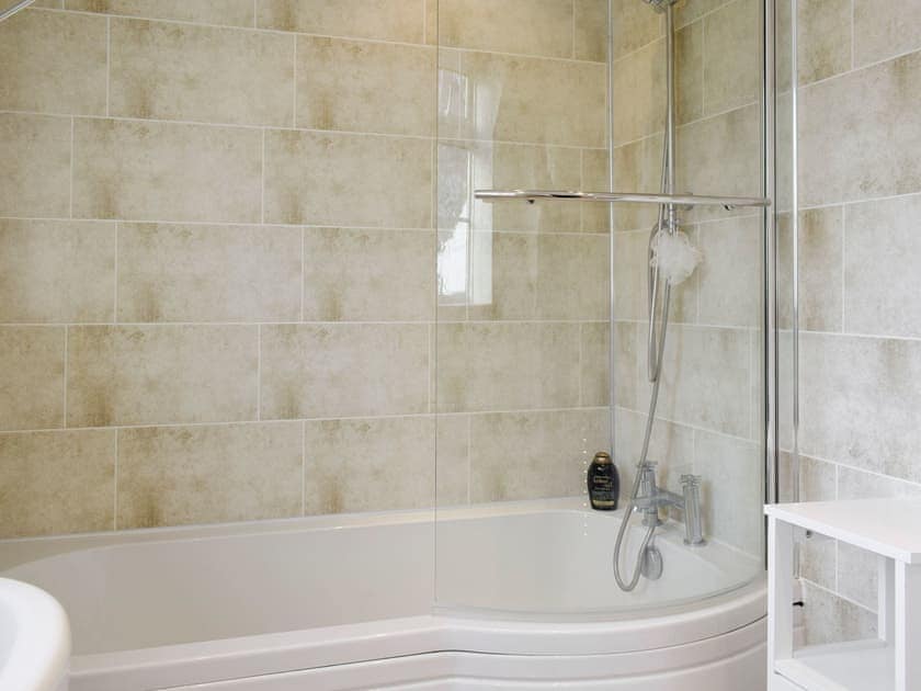 Family bathroom with shower over bath | Listers Lodge, Brotton, near Saltburn-by-the-Sea