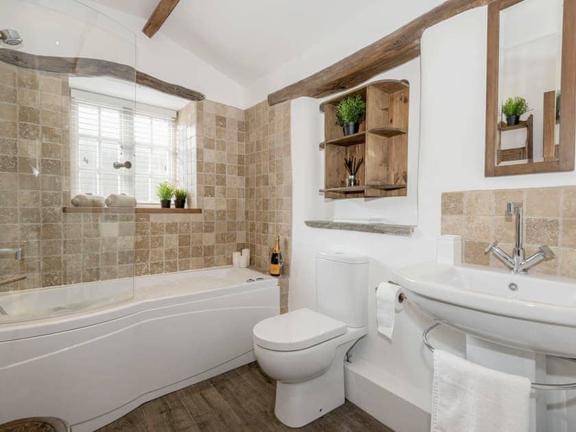 Characterful bathroom with shower over bath | Narrowgates Cottage, Barley, near Barrowford