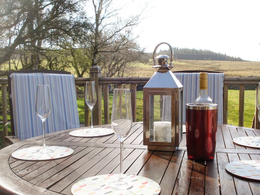 Wonderful countryside views from the decking | Larchwood, Dukes Meadow, near Greystoke
