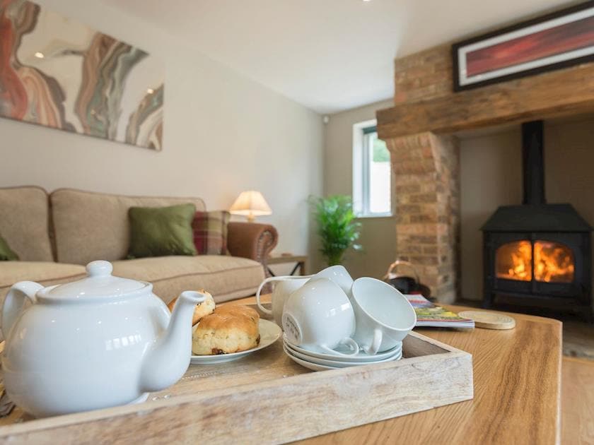 Welcoming wood burner in living room | The Stables, Aisby, near Grantham