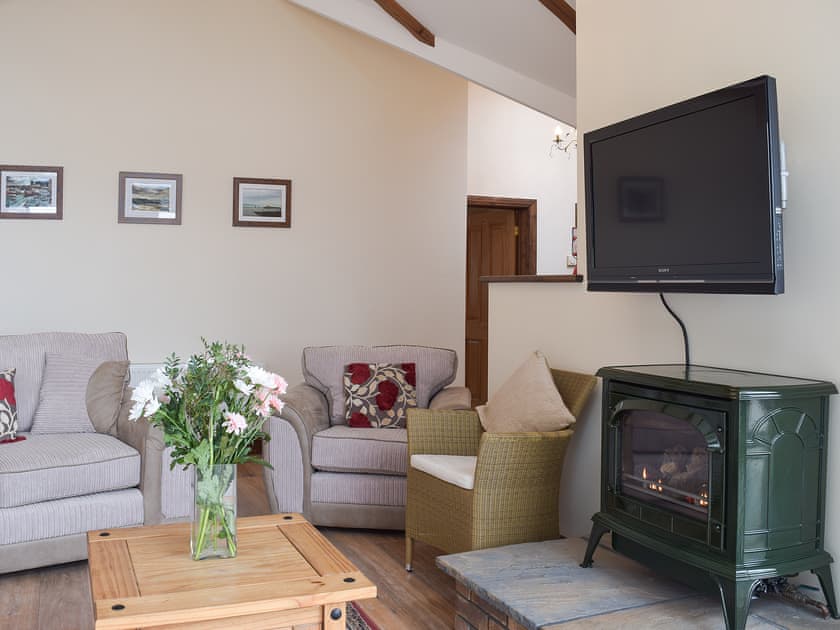 Living room with gas log burner and wall mounted TV | Brynymor Cottage, Llangennith, near Swansea