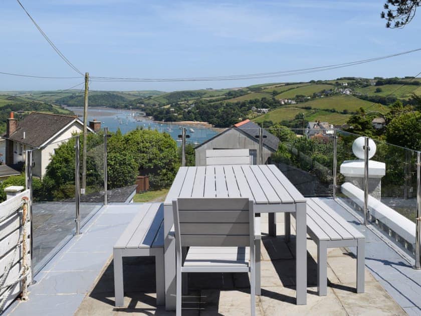 Dining on the terrace with fine views towards East Portlemouth | Weald, Salcombe