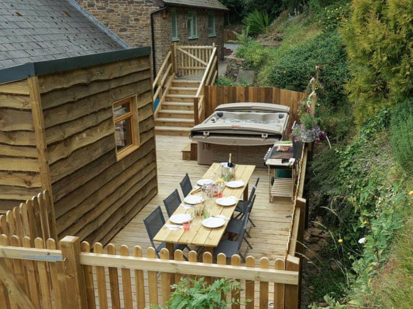 BBQ and Hot Tub decking area | Burrills View, Horderley, near Craven Arms