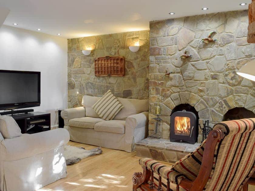 Warm and cosy living area with wood burner | Alice’s Cottage, near Kilgetty