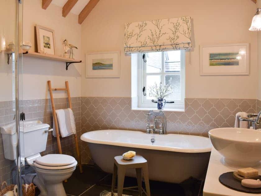 Romantic standalone roll top bath in the bathroom | Soar Cottage, Dihewyd, near Aberaeron