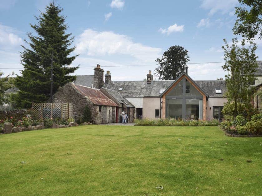 Large lawned garden with sitting-out area, garden furniture and BBQ | Rowanlea, Muthill, near Crieff