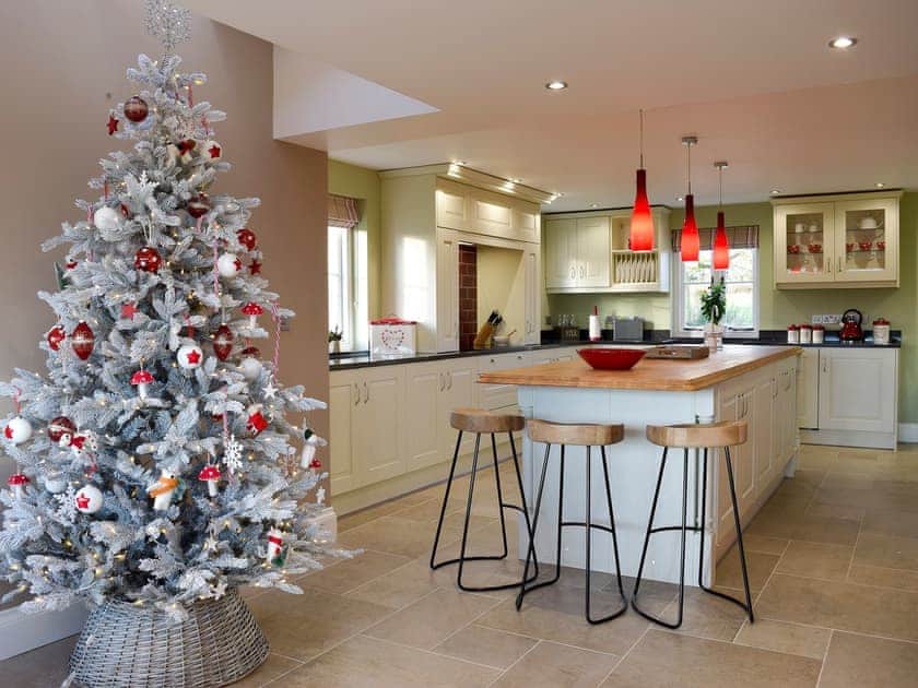 Light and airy kitchen decorated for Christmas | Fountain Hill, Eglwyswrw, near Cardigan