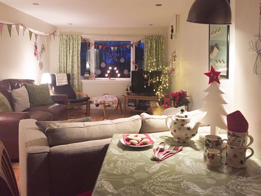 Living area decorated for Christmas | Carse Cottage, Twynholm by Kirkcudbright