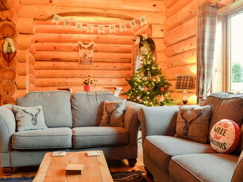 Living area decorated for Christmas | Fir Tree Lodge - Bryn y Pin Lodges, Groesffordd Marli, near Abergele
