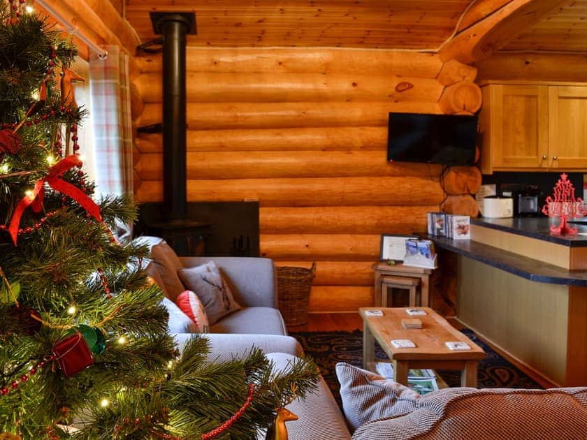 Living area decorated for Christmas | Fir Tree Lodge - Bryn y Pin Lodges, Groesffordd Marli, near Abergele
